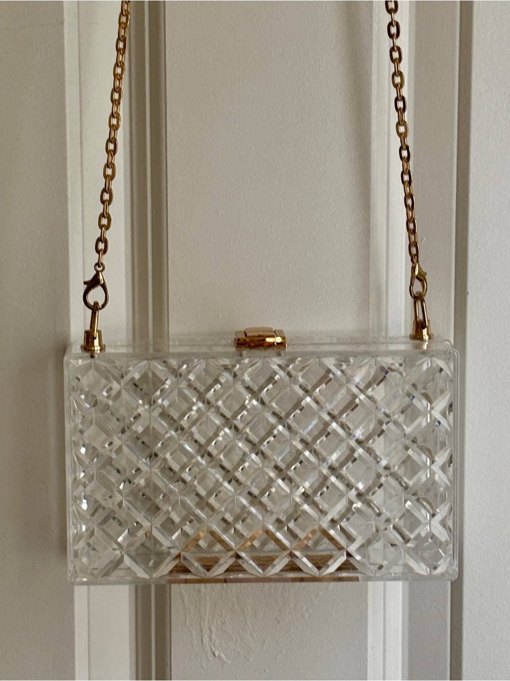 Clear Quilted Acrylic Clutch with Gold Chain Strap